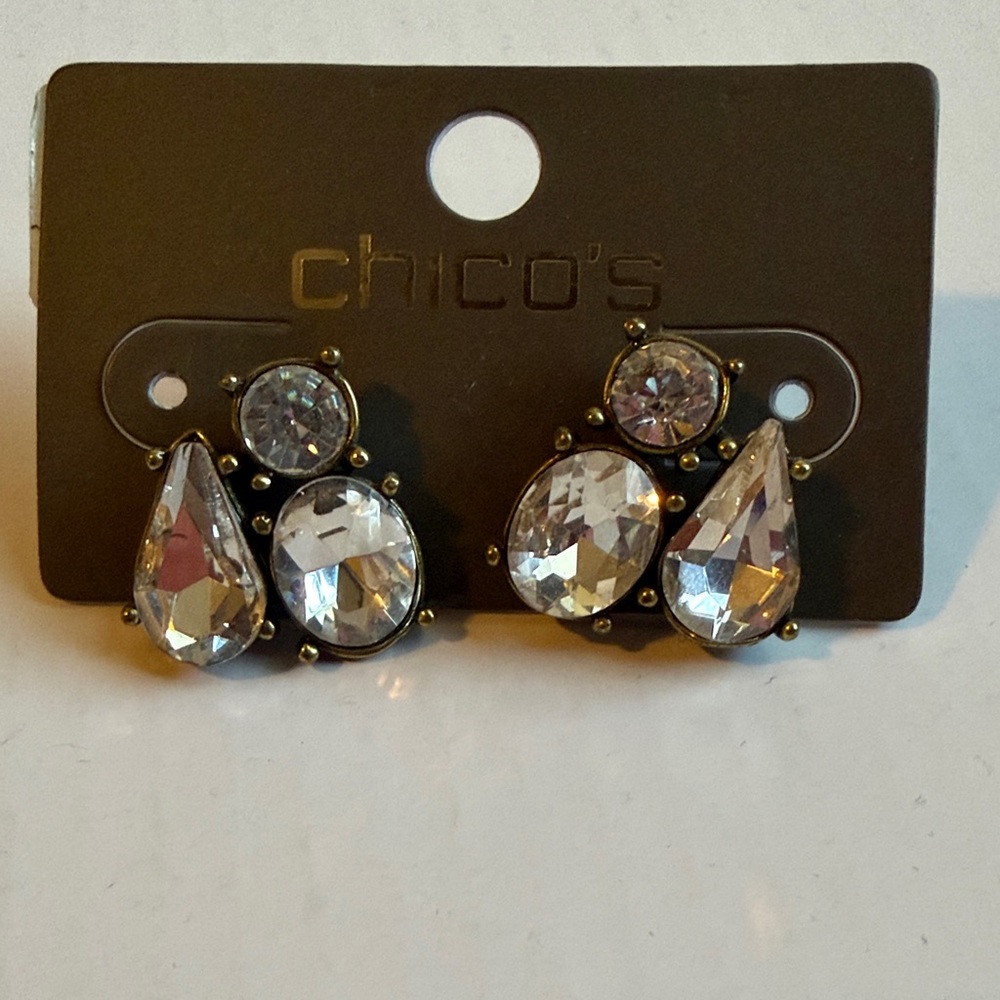 Chico’s Crystal Statement Stud Earrings Gold Tone Clear Rhinestone Teardrop